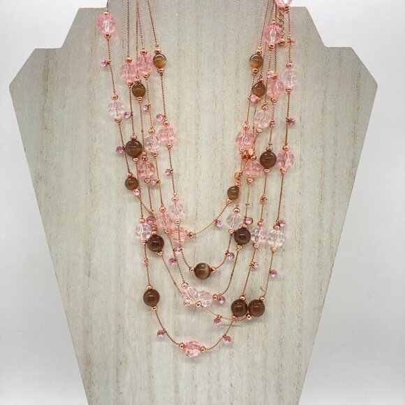 Multi Layered 16" Necklace Moon Glow Rootbeer Brown Pink Dangles Rose Gold Tone - Picture 1 of 13